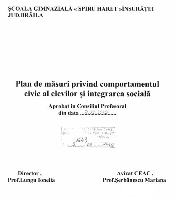 Planul de masuri privind comportamentul civic al elevilor